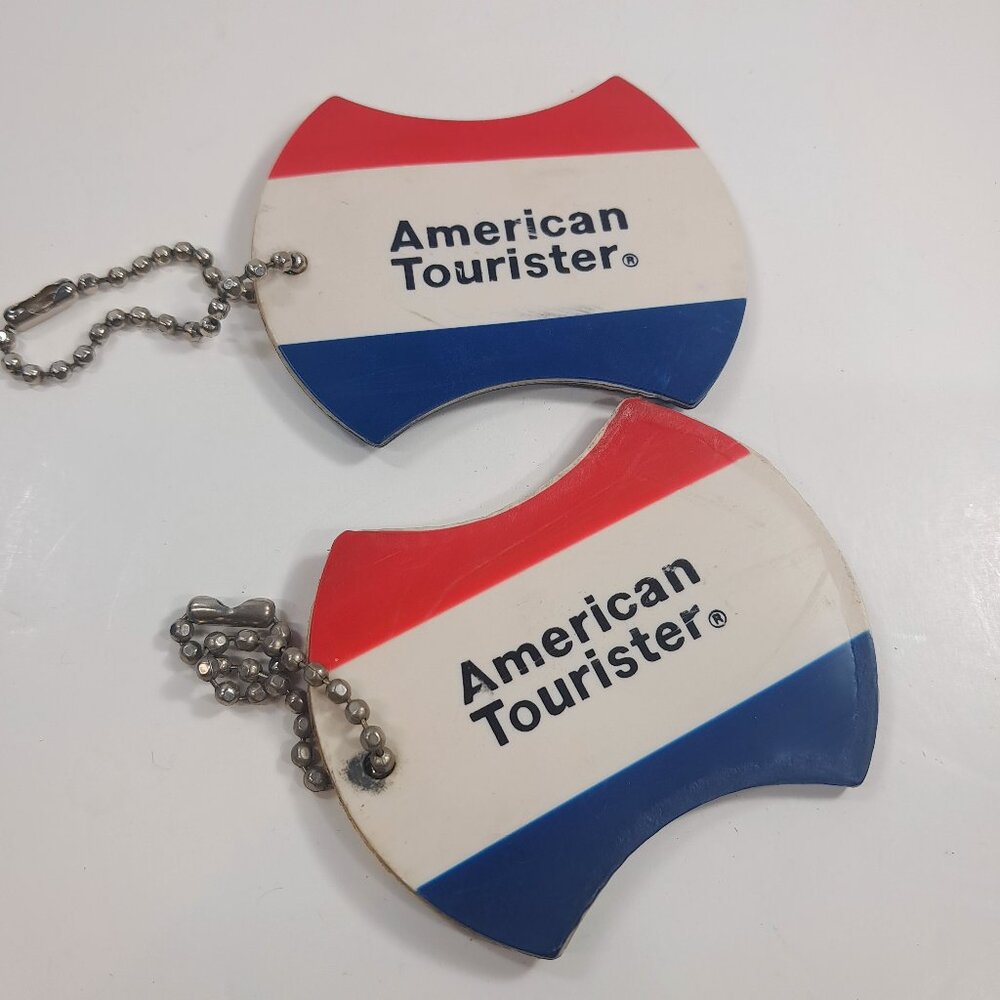 American Tourister luggage‎ tag set 2 plastic Vintage red white blue ball chain